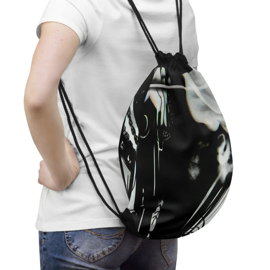 Edgy Drawstring Bag for Music Lovers, Urban Style Tote, Gym Backpack, Cool Gift for Teens, Artful Fashion Accessory Printify