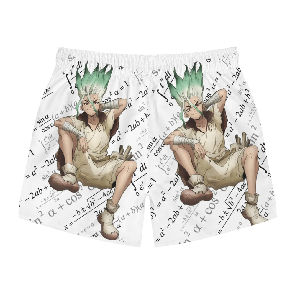 Dr. Stone Inspired Swim Trunks, Anime Swimwear, Unique Beach Shorts, Summer Fashion, Gift for Fans Printify