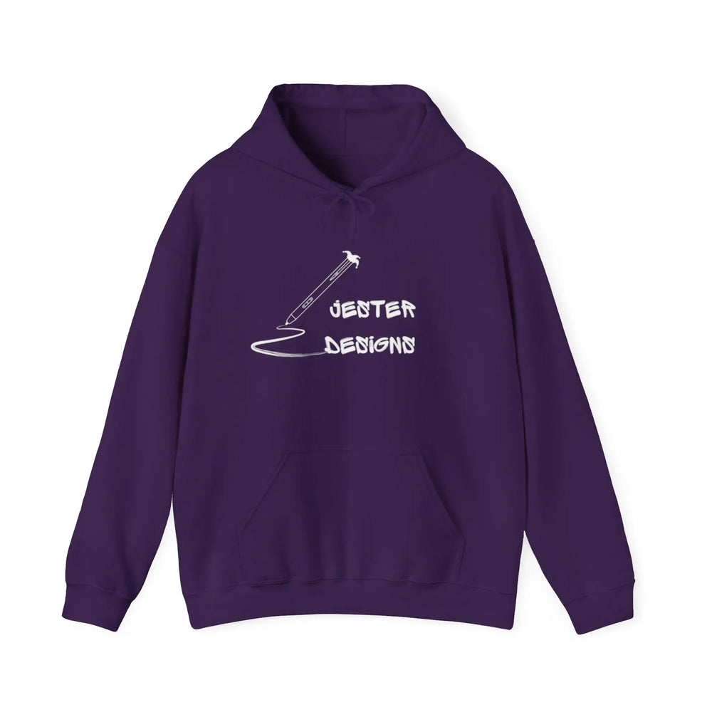 Close-up of anime hoodie kangaroo pocket and drawstring hood, Jester Designs