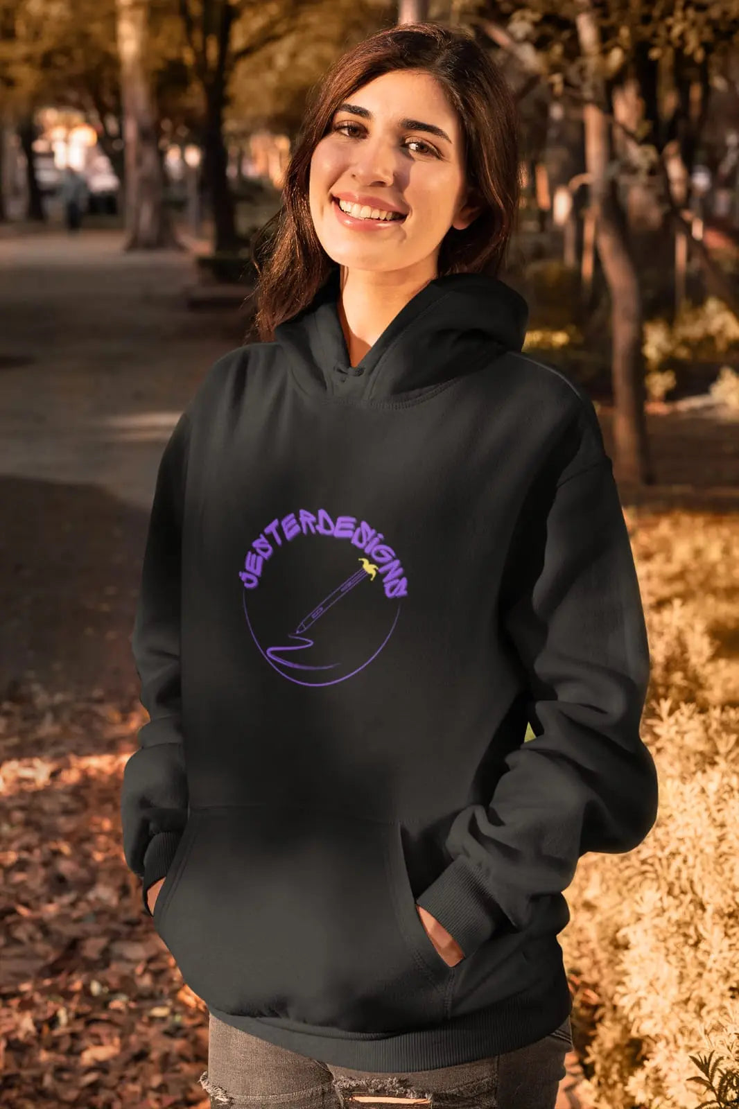 Black anime hoodie with Jester Designs logo, inspired by Naruto and One Piece characters, front view